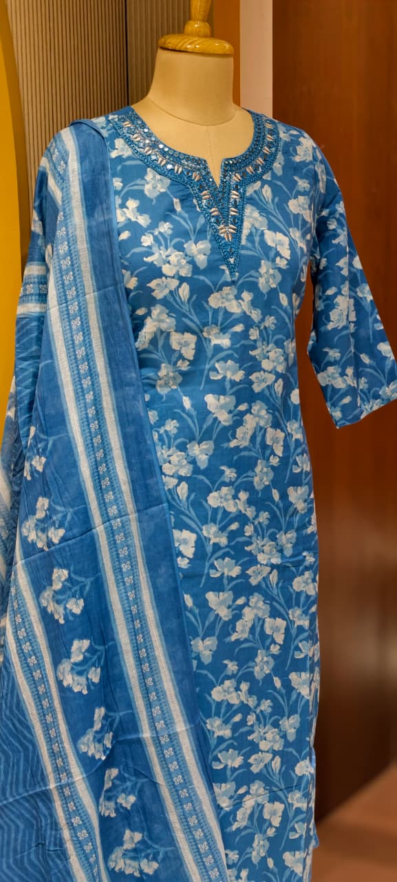 Aqua Melodic Floral Bloom Printed Cotton Full Suit Set With Dupatta-13553