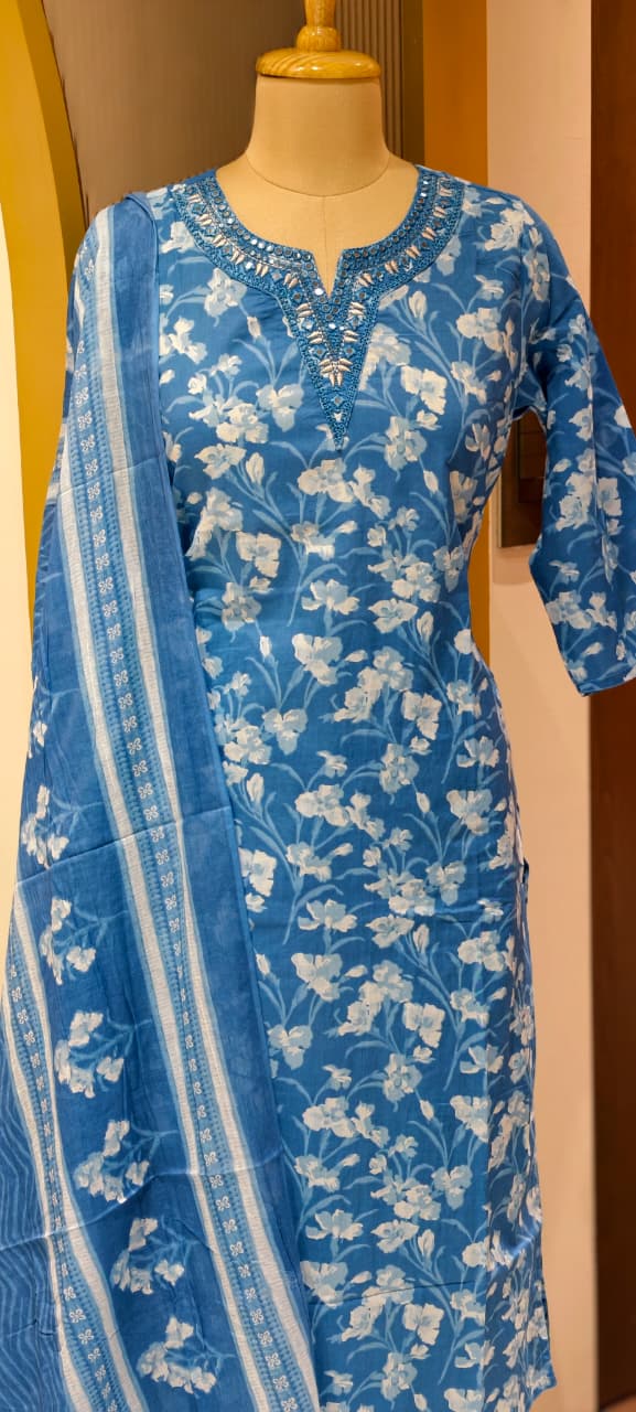 Aqua Melodic Floral Bloom Printed Cotton Full Suit Set With Dupatta-13553
