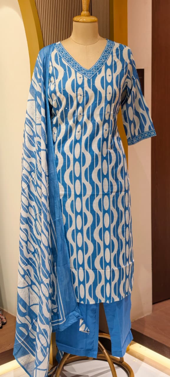 LEAN FIT Abstract Print Wavy Print Minimal Neck Line Cotton Full Suit Set With Dupatta In Cotton Fabric-13553 RB25