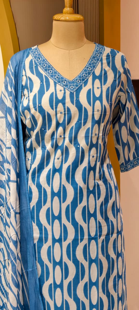 LEAN FIT Abstract Print Wavy Print Minimal Neck Line Cotton Full Suit Set With Dupatta In Cotton Fabric-13553 RB25