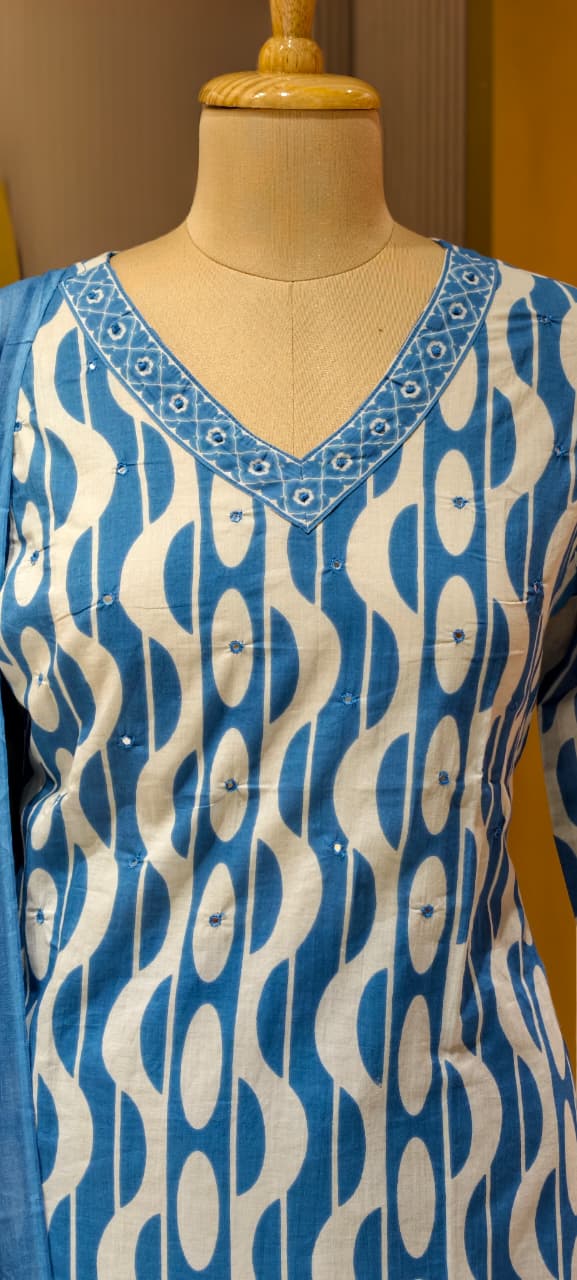 LEAN FIT Abstract Print Wavy Print Minimal Neck Line Cotton Full Suit Set With Dupatta In Cotton Fabric-13553 RB25