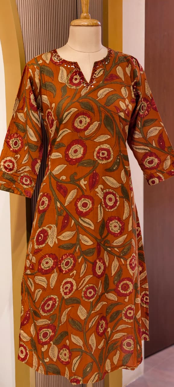 Gardenia Printed Minimal Neckline Long Kurti Only In Cotton Fabric- 13522