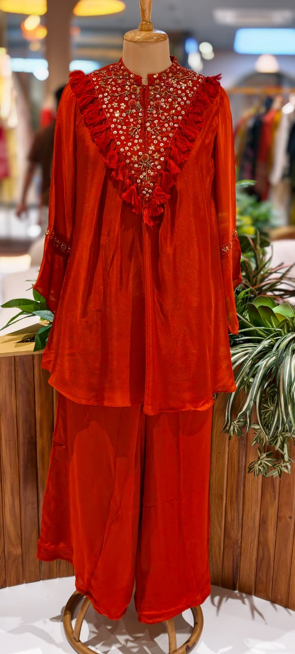 Stylish V-Yoke Boho Thread Look Indo Wear Kurta With Solid Bottom- 13551 RB212