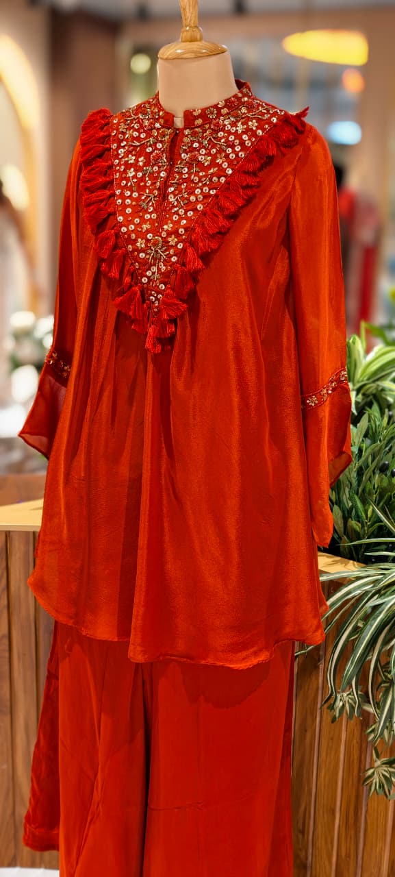 Stylish V-Yoke Boho Thread Look Indo Wear Kurta With Solid Bottom- 13551 RB212