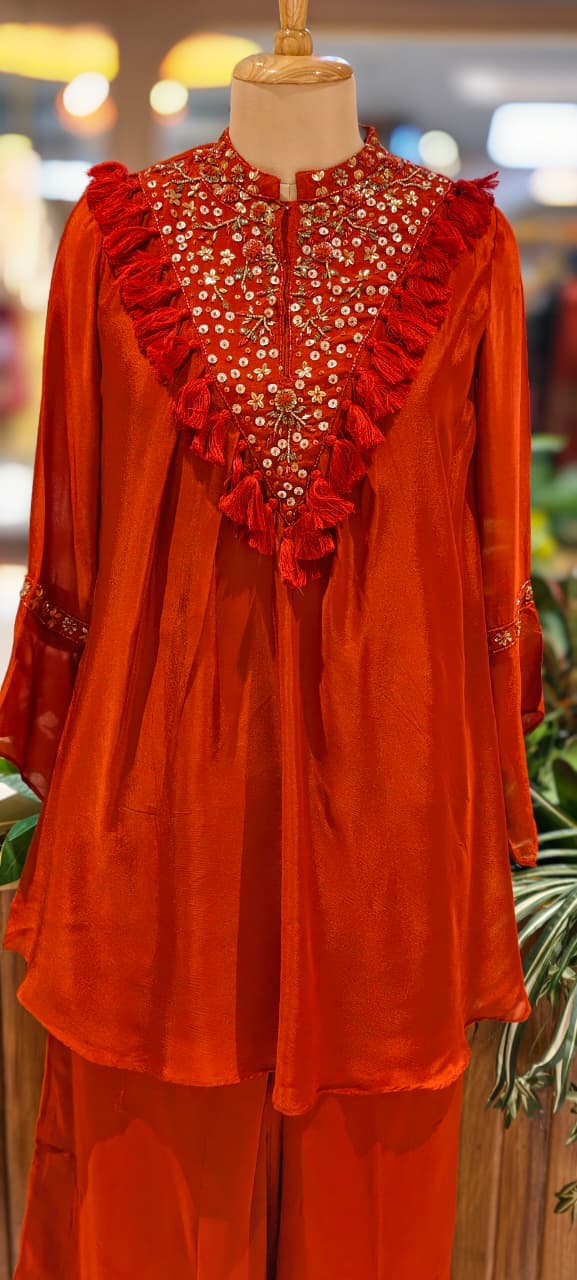 Stylish V-Yoke Boho Thread Look Indo Wear Kurta With Solid Bottom- 13551 RB212