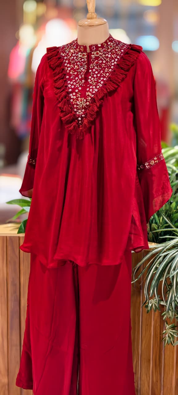 Stylish V-Yoke Boho Thread Look Indo Wear Kurta With Solid Bottom- 13551 RB212