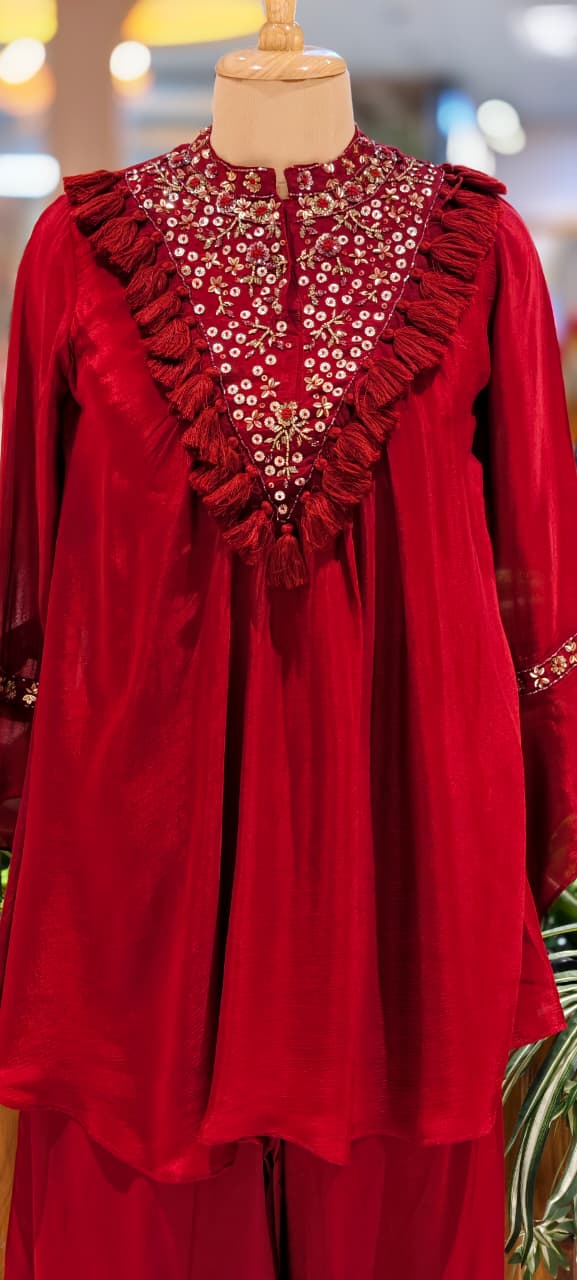 Stylish V-Yoke Boho Thread Look Indo Wear Kurta With Solid Bottom- 13551 RB212