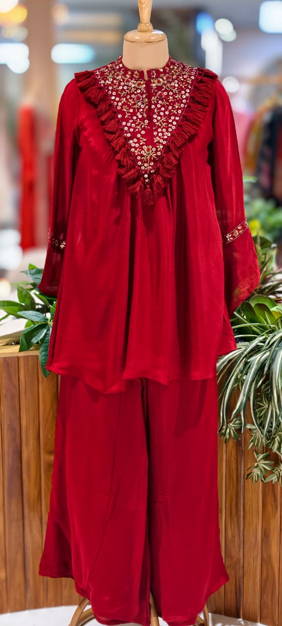 Stylish V-Yoke Boho Thread Look Indo Wear Kurta With Solid Bottom- 13551 RB212