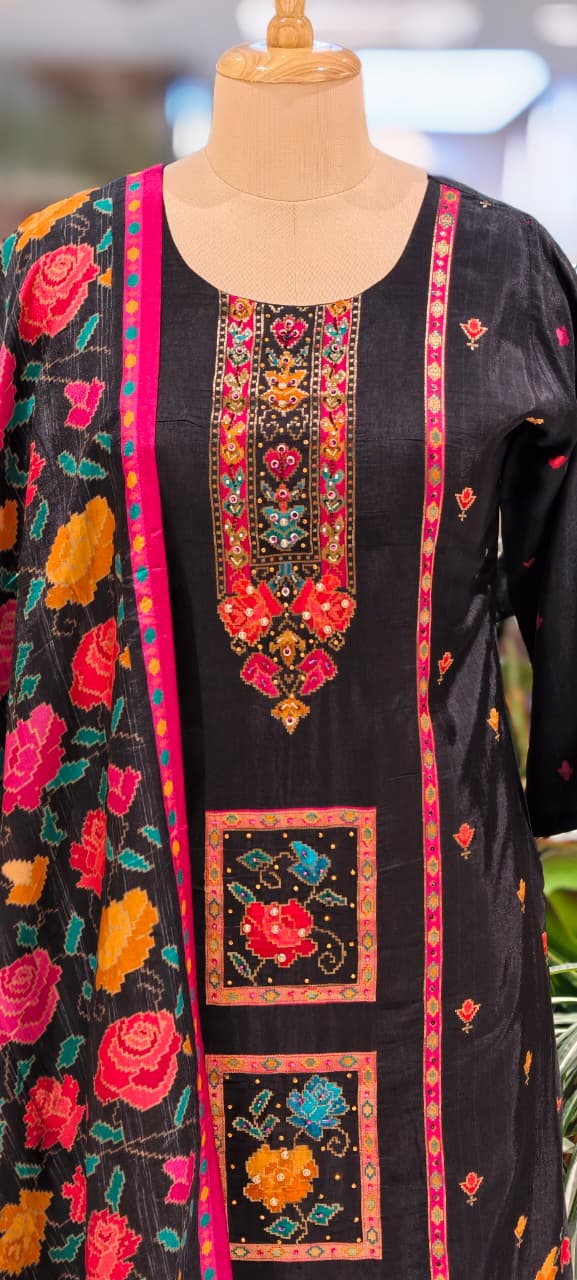 Midnight Bloom Intricate Multicolor Detailing Full Suit Set With Dupatta In Dola Silk Fabric- 13429