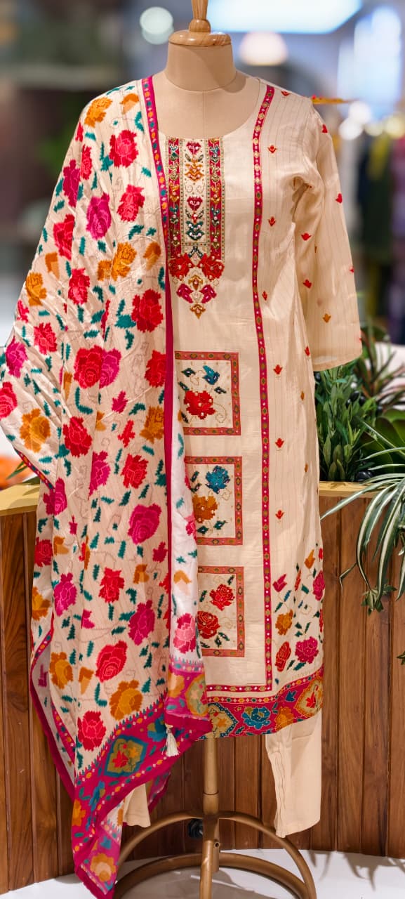 Midnight Bloom Intricate Multicolor Detailing Full Suit Set With Dupatta In Dola Silk Fabric- 13429