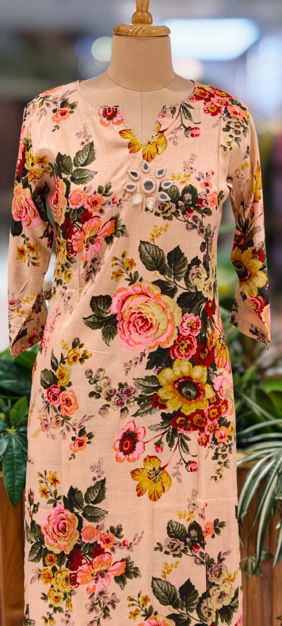 Digital Floral Print Real Mirror Front Work Kurta Pant Set In Flex Cotton Fabric- 13526