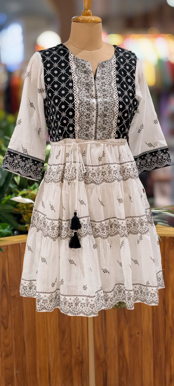 Vintage Lace Look Black & White Tiered Casual Wear Frock- 13517