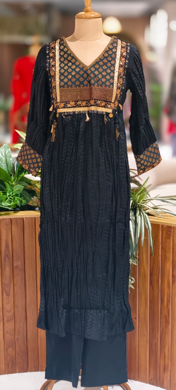 Stylish Pure Brocade Touch Designer Black Crush Look Kurta With Bottom- 13462