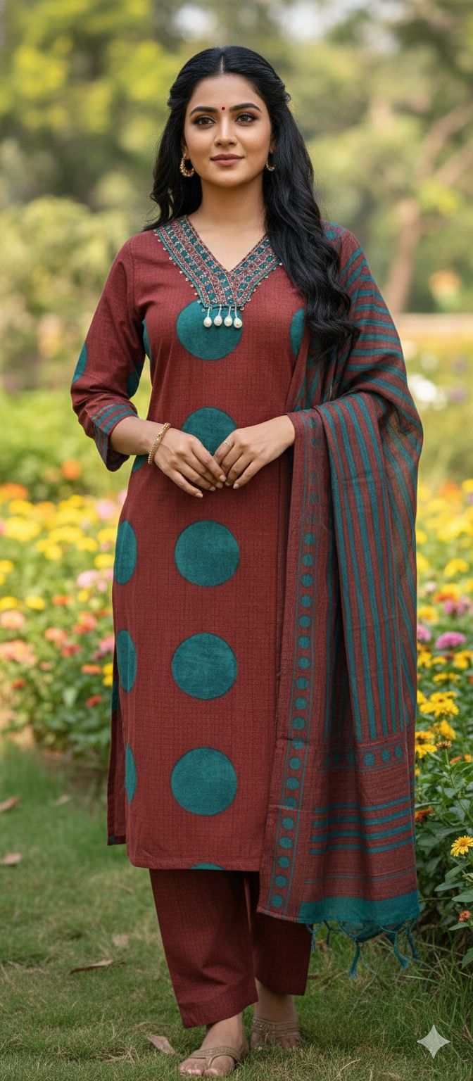 Beautiful Neck Line Coin Tassels Rounded Print Cotton Full Suit Set With Dupatta- 13482