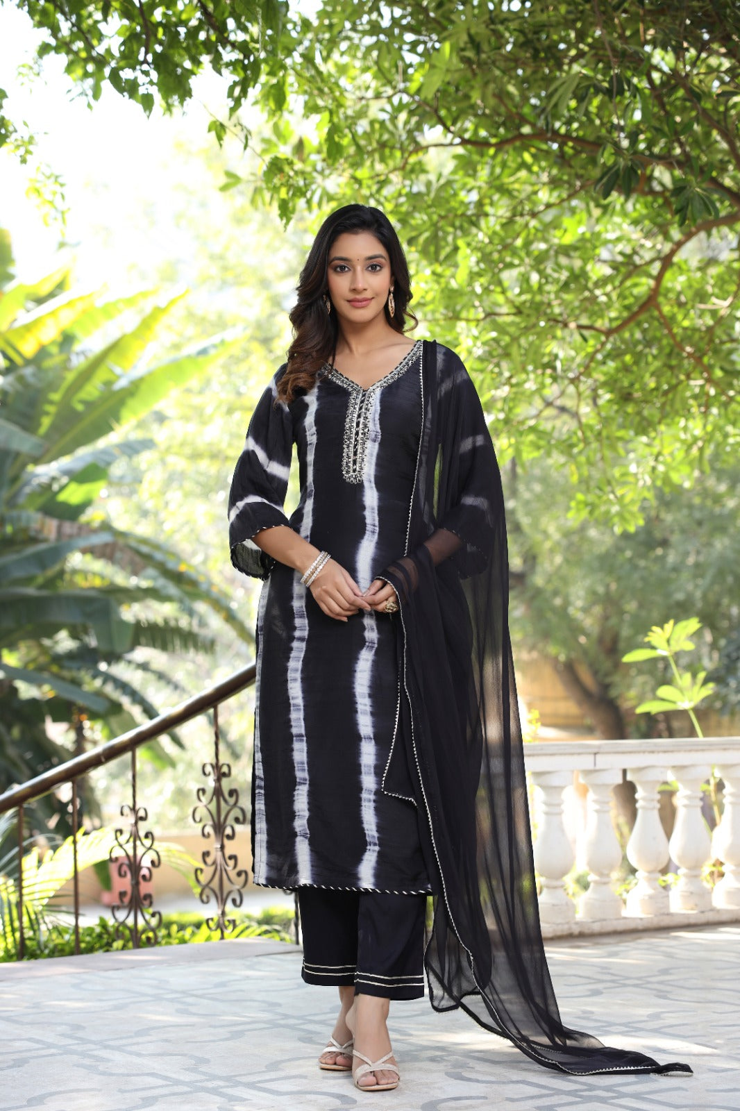 Midnight Noir Streak Printed Black & White Full Suit Set With Dupatta In Muslin Fabric- 13484