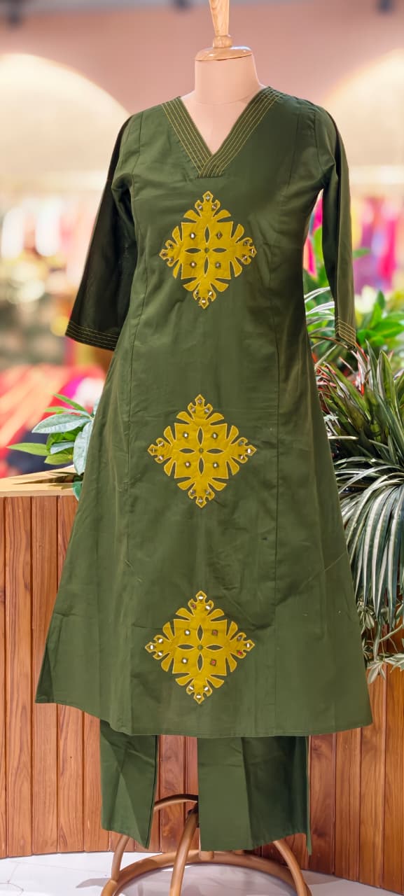 Smart Embroidery Pleated V-Neck A-Line Cotton Kurta Pant Set- 13549