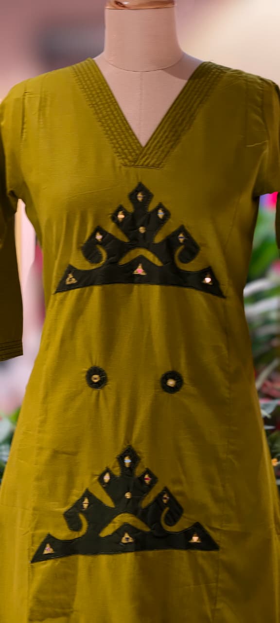 Smart Embroidery Pleated V-Neck A-Line Cotton Kurta Pant Set- 13549