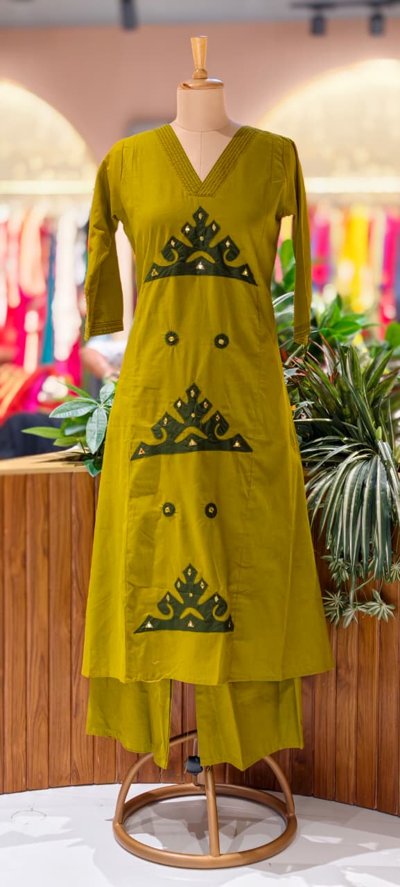 Smart Embroidery Pleated V-Neck A-Line Cotton Kurta Pant Set- 13549