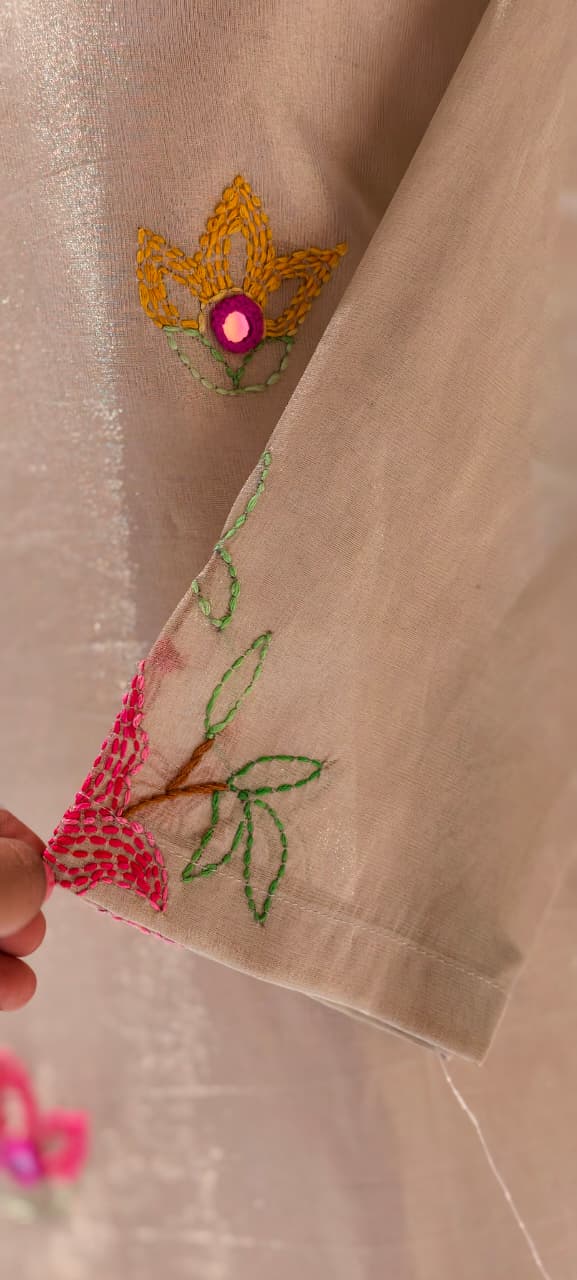 Grand Floral Katha Stich Thread Embroidery A-Line Full Suit Set With Dupatta In Tissue Fabric- 13451