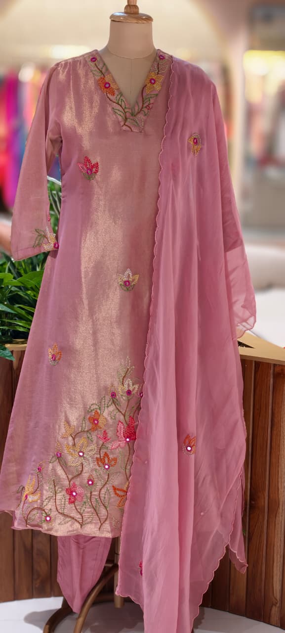 Grand Floral Katha Stich Thread Embroidery A-Line Full Suit Set With Dupatta In Tissue Fabric- 13451