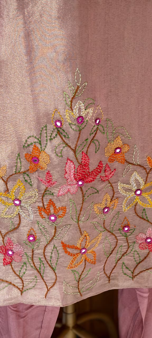 Grand Floral Katha Stich Thread Embroidery A-Line Full Suit Set With Dupatta In Tissue Fabric- 13451