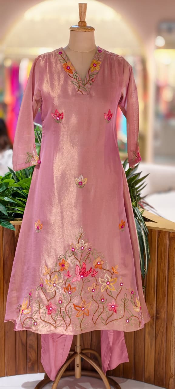 Grand Floral Katha Stich Thread Embroidery A-Line Full Suit Set With Dupatta In Tissue Fabric- 13451