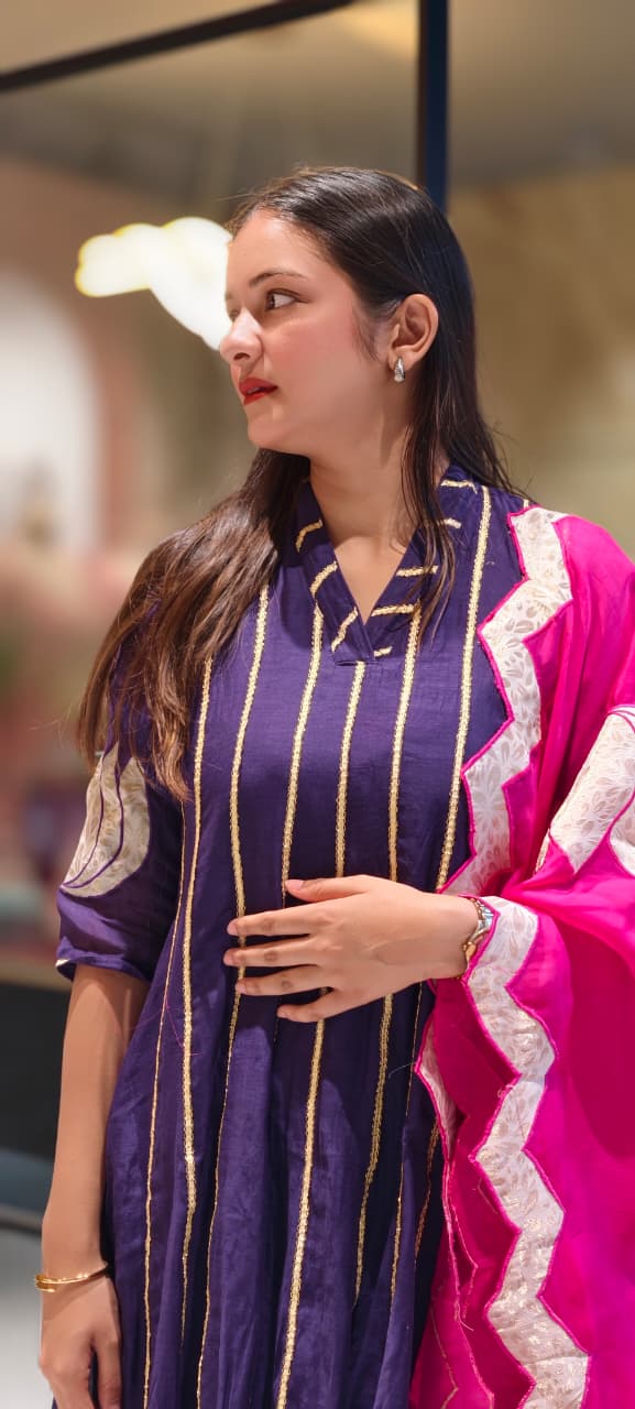 Golden Trimmed Lace Lined Embroidered Panel Anarkali Full Suit Set With Dupatta In Mul Chanderi Fabric- 13581