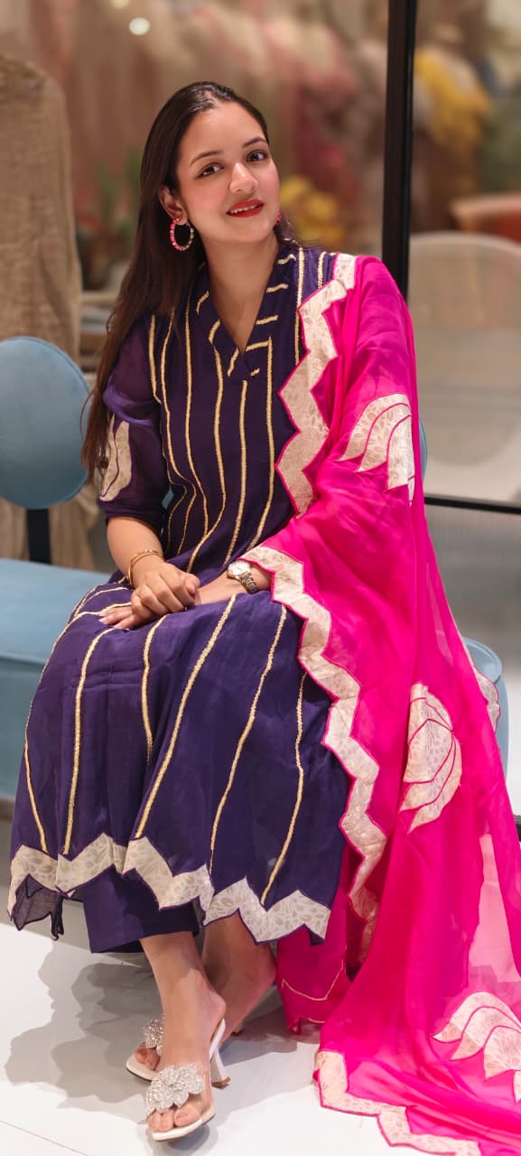 Golden Trimmed Lace Lined Embroidered Panel Anarkali Full Suit Set With Dupatta In Mul Chanderi Fabric- 13581