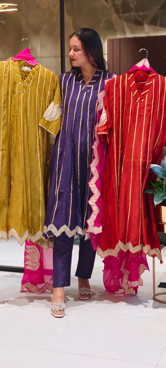 Golden Trimmed Lace Lined Embroidered Panel Anarkali Full Suit Set With Dupatta In Mul Chanderi Fabric- 13581