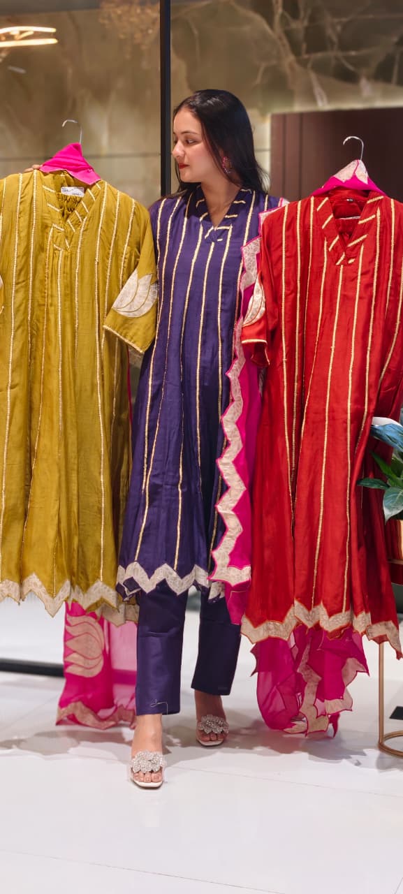 Golden Trimmed Lace Lined Embroidered Panel Anarkali Full Suit Set With Dupatta In Mul Chanderi Fabric- 13581