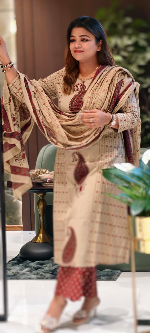 Mango Buti Floral Lined Placement Print Cotton A-Line Full Suit Set With Dupatta- 13563