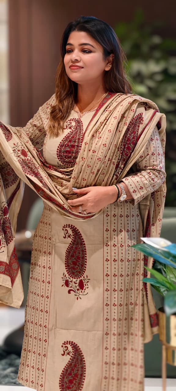 Mango Buti Floral Lined Placement Print Cotton A-Line Full Suit Set With Dupatta- 13563