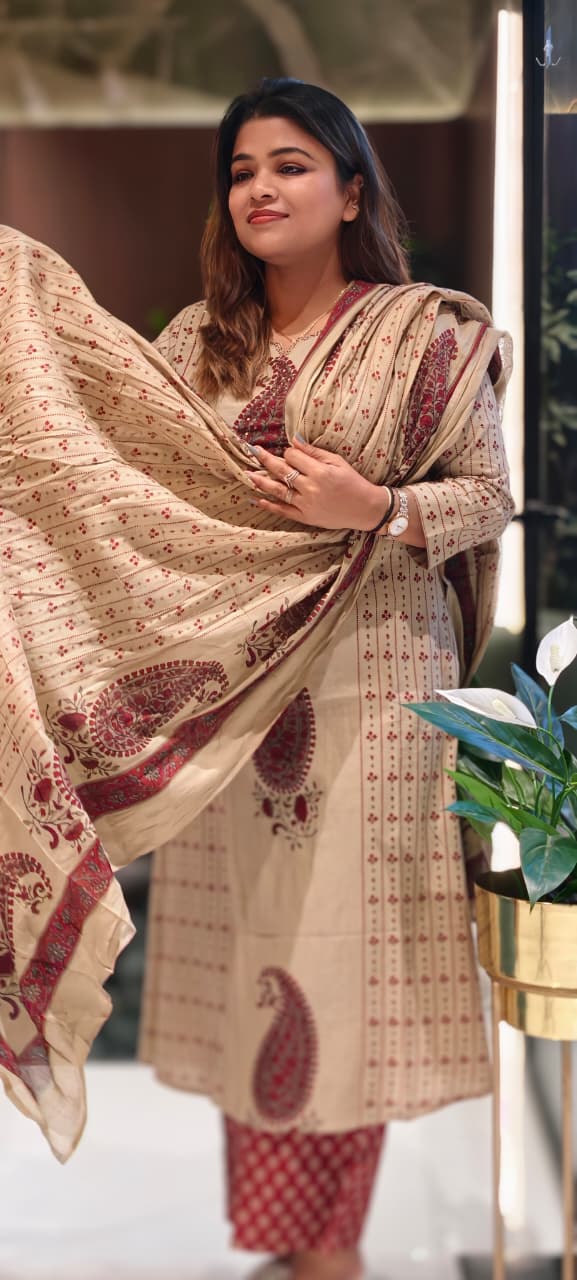 Mango Buti Floral Lined Placement Print Cotton A-Line Full Suit Set With Dupatta- 13563