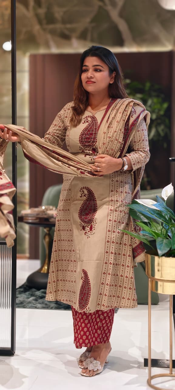 Mango Buti Floral Lined Placement Print Cotton A-Line Full Suit Set With Dupatta- 13563