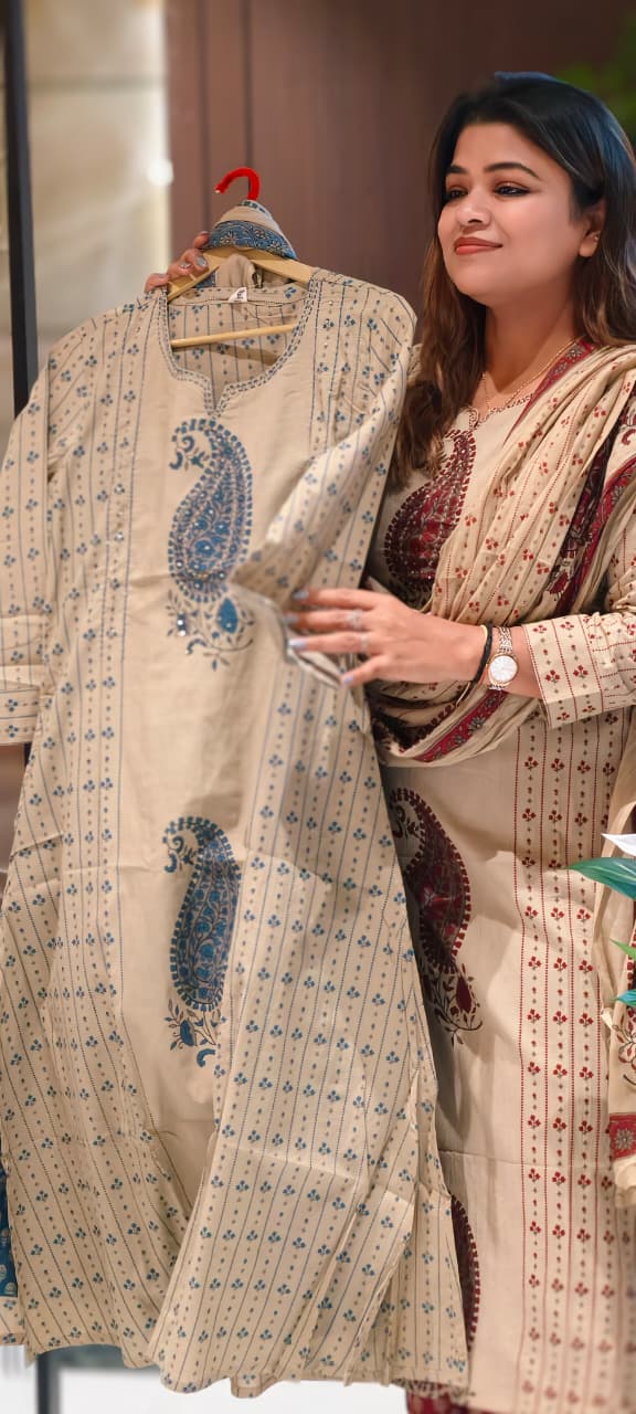 Mango Buti Floral Lined Placement Print Cotton A-Line Full Suit Set With Dupatta- 13563