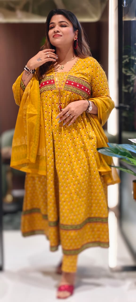 Traditional Printed Ethnic Cotton Anarkali Full Suit Set With Dupatta- 13582