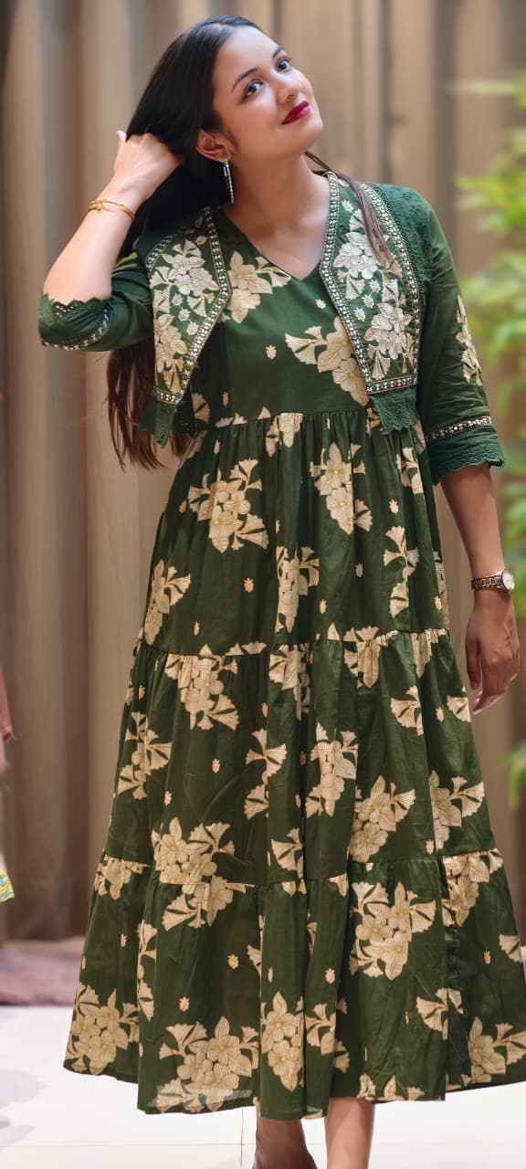 Beautiful Cut-Works Lace Bordered Jacket With Printed Gown In Cotton Fabric- 13588