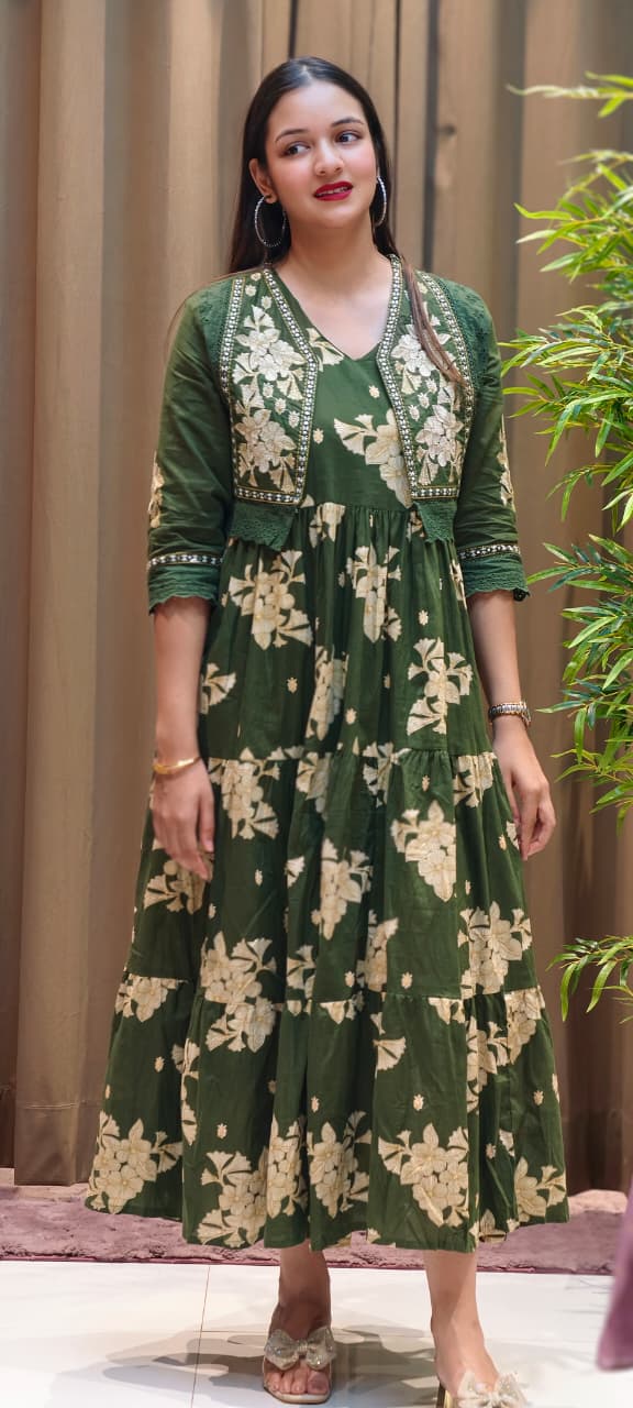 Beautiful Cut-Works Lace Bordered Jacket With Printed Gown In Cotton Fabric- 13588