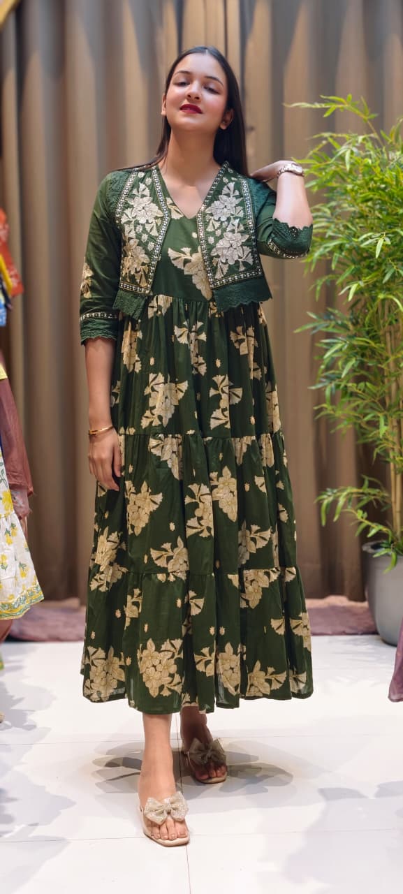 Beautiful Cut-Works Lace Bordered Jacket With Printed Gown In Cotton Fabric- 13588