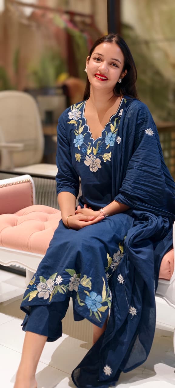 Uniquely Floral Embroidered Cut-Work Neck & Slit Line Solid Full Suit Set With Dupatta In Cotton Fabric- 13497