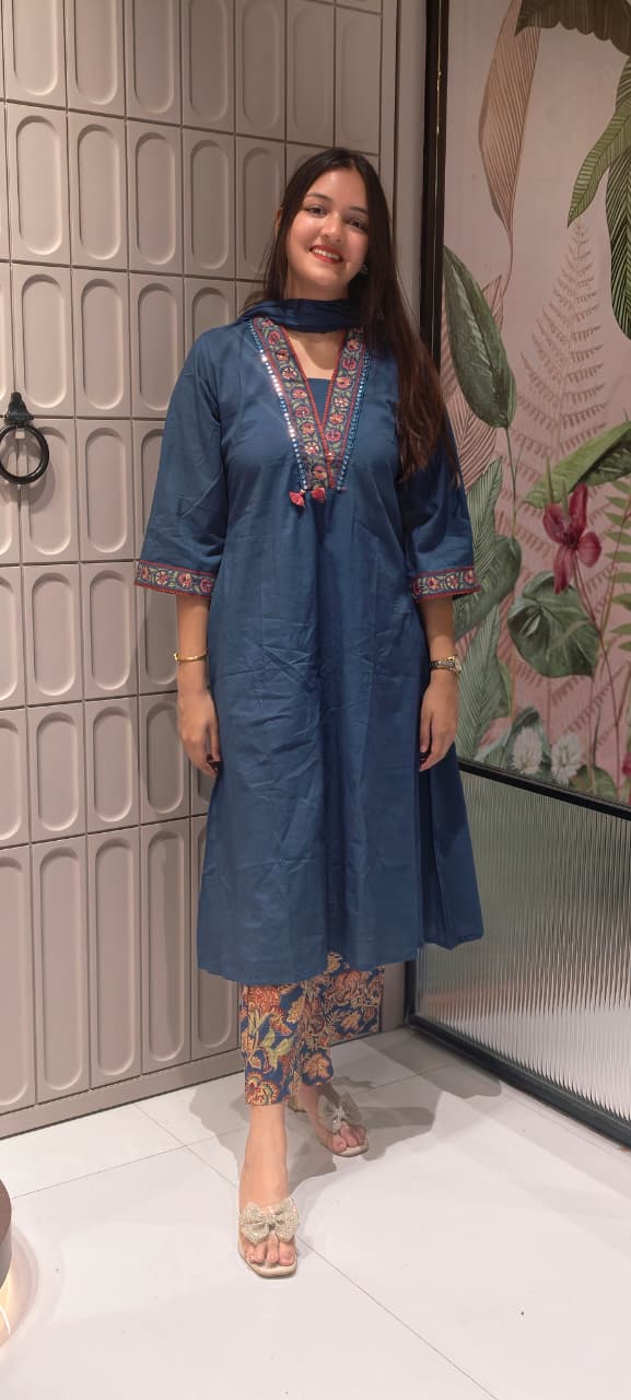 A-Line Solid Bordered Kurta & Dupatta With Printed Bottom In Cotton Fabric- 13547