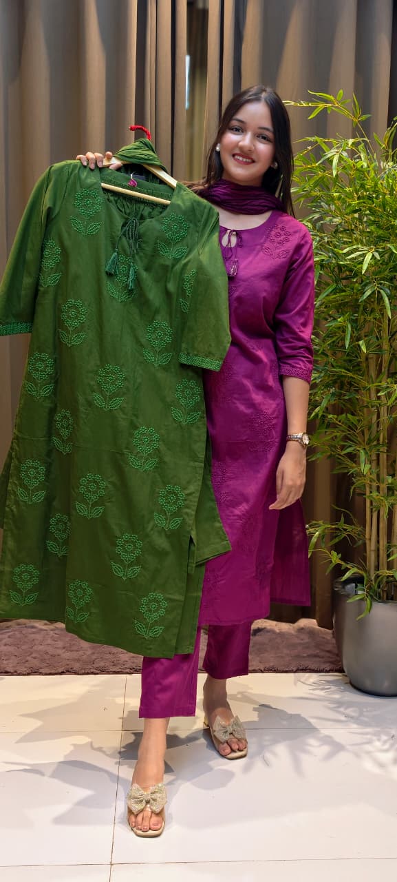 Floral Thread Embroidered Solid Smart Look Cotton Full Suit Set With Dupatta- 13455