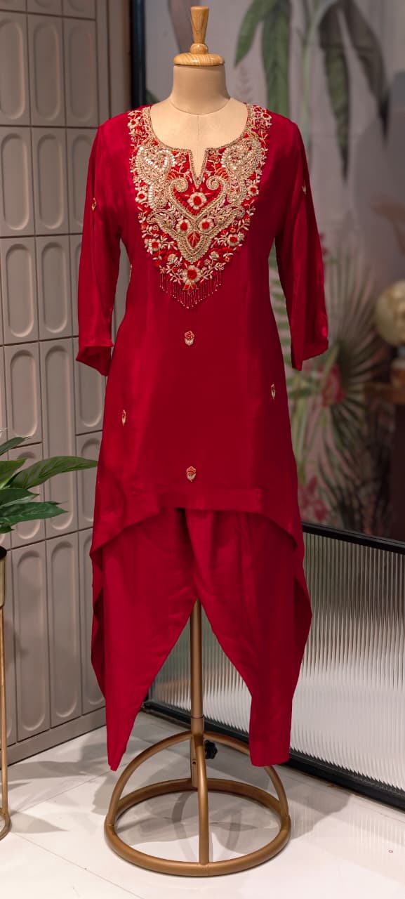 Zardozi Work Premium Hand Embroidery Tasseled Yoke High Low Kurta With Plain Bottom- 13259