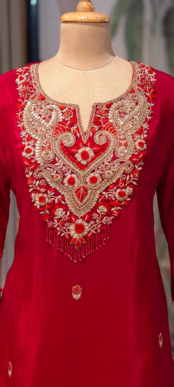 Zardozi Work Premium Hand Embroidery Tasseled Yoke High Low Kurta With Plain Bottom- 13259