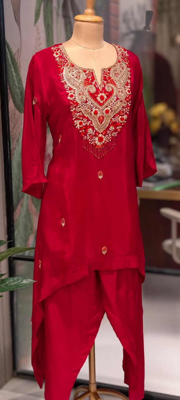Zardozi Work Premium Hand Embroidery Tasseled Yoke High Low Kurta With Plain Bottom- 13259
