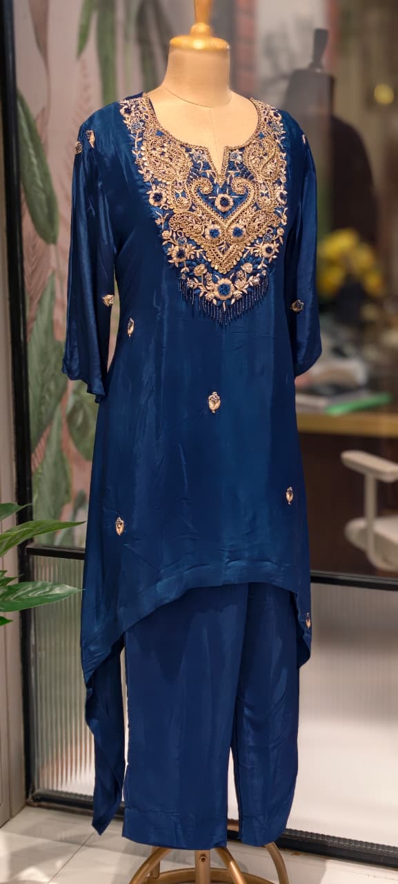 Zardozi Work Premium Hand Embroidery Tasseled Yoke High Low Kurta With Plain Bottom- 13259