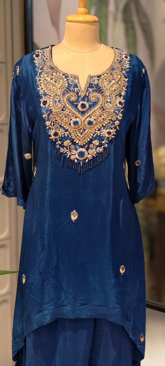 Zardozi Work Premium Hand Embroidery Tasseled Yoke High Low Kurta With Plain Bottom- 13259