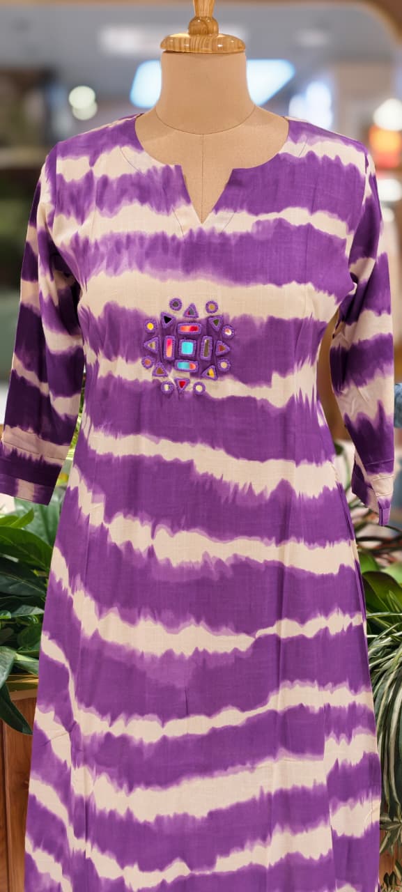 Real Mirror Embroidery Upwork Yoke Striking Striped Twin Color Cotton Kurti Only- 113524