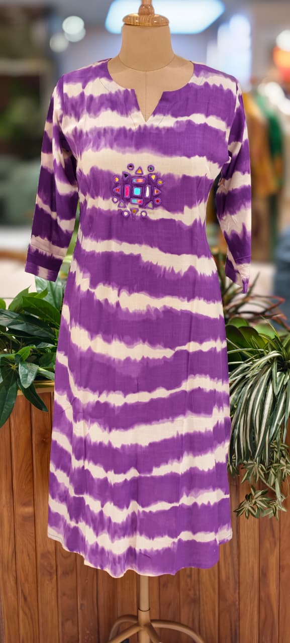 Real Mirror Embroidery Upwork Yoke Striking Striped Twin Color Cotton Kurti Only- 113524