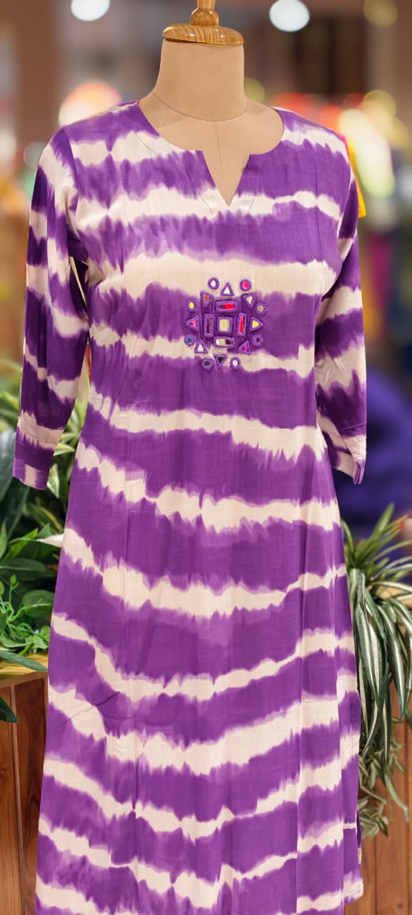 Real Mirror Embroidery Upwork Yoke Striking Striped Twin Color Cotton Kurti Only- 113524